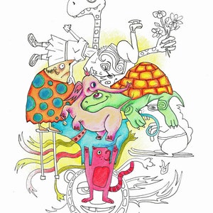 May include: A black and white line drawing of a whimsical illustration of interconnected creatures. The illustration includes a unicorn, a turtle, a frog, a cat, and a human-like figure. The title "EVERYTHING IS CONNECTED" is at the top of the image. The text "An Adult Coloring Book" is below the title. The text "BY ALWAYS STRANGE - SEATTLE, WA - WWW.ALWAYSSTRANGE.COM" is at the bottom of the image.