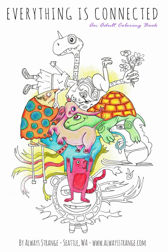Whimsical coloring book - cute funny lowbrow connected turtles bears dolphins fish giraffe animal creatures