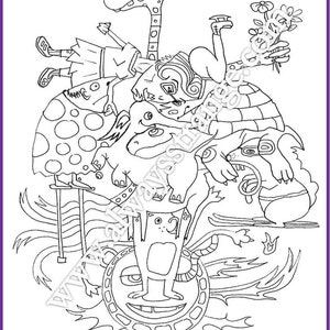 May include: A black and white line drawing of a whimsical stack of creatures. A girl with a flower in her hand sits on top of a turtle, who is on top of a spotted dinosaur, who is on top of a creature with a long neck, who is on top of a creature with a large head and a long tail, who is on top of a creature with a large head and a long tail.