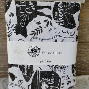 May include: White fabric with a black farm-themed print, including cows, bees, and text. The fabric is labeled "FABRIC | TISSU" and measures 1 yard (0.91m).