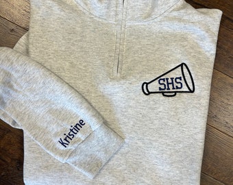 Personalized Cheerleader Quarter Zip Sweatshirt with Megaphone Design