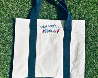 名入れ可能なニューイングランドキャンバストートバッグ、刺繍入りビーチトート、灯台ロブスターアジサイバッグ、沿岸風トートギフト