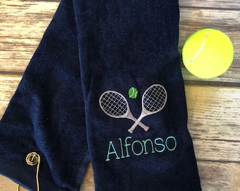 Personalized Embroidered Tennis Towel: Cotton Velour, Racket & Ball Design