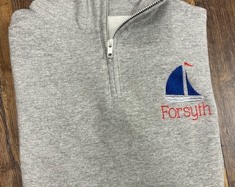 Custom Sailboat Name Embroidered Quarter Zip Sweatshirt