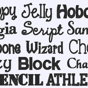 May include: A collection of different font styles for names, including Happy, Jelly, Hobo, FARM, Georgia, Script, Samantha, Hambone, Wizard, Charlie, Riley, Block, Chancery, STENCIL, and ATHLETIC.