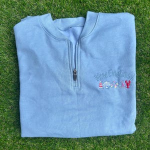 Embroidered New England Quarter Zip Sweatshirt, Coastal Lobster Lighthouse Design