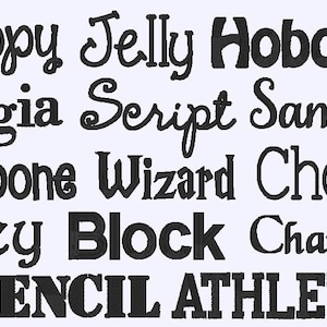 Puede incluir: Una colecci&oacute;n de diferentes estilos de fuente, incluyendo Happy, Jelly, Hobo, FARM, Georgia, Script, Samantha, Hambone, Wizard, Charlie, Riley, Block, Chancery, STENCIL y ATHLETIC.