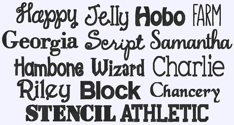 Puede incluir: Una colecci&oacute;n de diferentes estilos de fuente, incluyendo Happy, Jelly, Hobo, FARM, Georgia, Script, Samantha, Hambone, Wizard, Charlie, Riley, Block, Chancery, STENCIL y ATHLETIC.