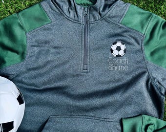 サッカーコーチ向けパーソナライズ刺繍入りカラーブロッククォータージップフード付きスウェットシャツ