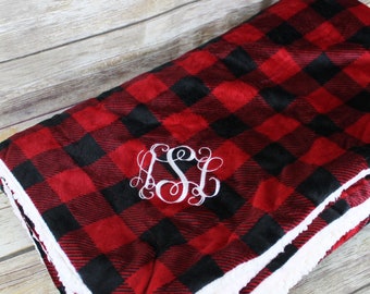 Personalized Buffalo Plaid Sherpa Blanket: Monogrammed Fleece Throw