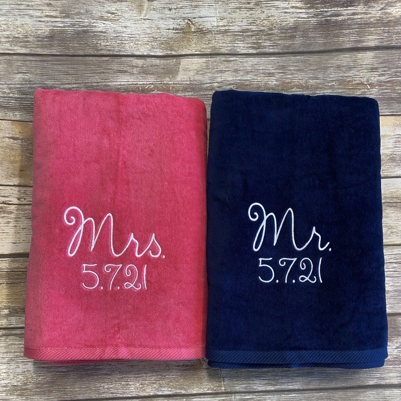 Mr. & Mrs. Beach Towel Gift Set Navy Blue and Pink Towel Mr Etsy