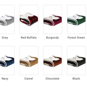May include: A selection of plush sherpa blankets in various colors, including cream, grey, red buffalo plaid, burgundy, forest green, royal blue, navy, camel, chocolate, and black. Each blanket features a white sherpa lining.