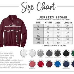 Puede incluir: Tabla de tallas para una sudadera de color burdeos con cremallera de cuarto de vuelta y cremallera oculta. La tabla muestra las medidas en pulgadas para el ancho, el pecho y la longitud para las tallas S a 3XL. La sudadera est&aacute; hecha de tejido polar anti-bolitas NuBlend.