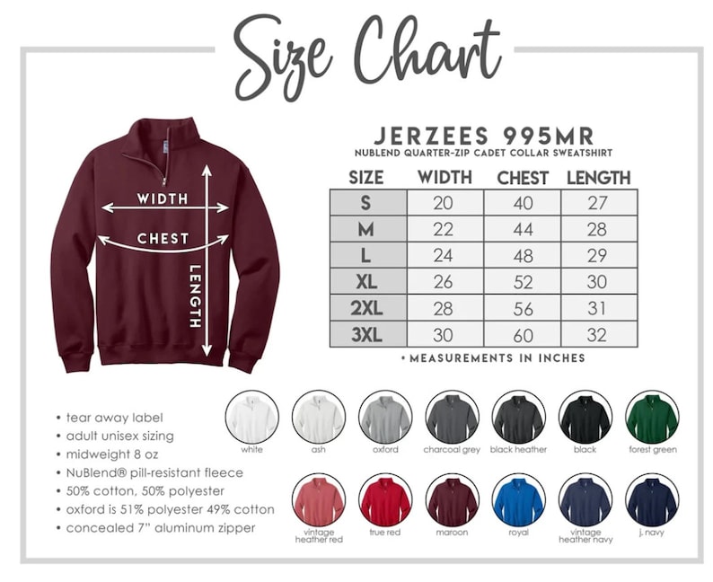 Puede incluir: Tabla de tallas para una sudadera de color burdeos con cremallera de cuarto de vuelta y cremallera oculta. La tabla muestra las medidas en pulgadas para el ancho, el pecho y la longitud para las tallas S a 3XL. La sudadera est&aacute; hecha de tejido polar anti-bolitas NuBlend.
