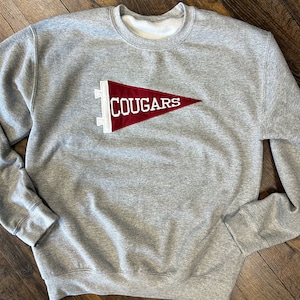 May include: Grey sweatshirt with a red felt pennant that says "COUGARS" in white lettering.