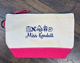 名入れ可能な教師用キャンバスポーチ、刺繍入り教師用バッグ、カスタム教師ギフト、ペンケース、教師用アクセサリーバッグ