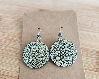 Hand Painted Dot Mandala Earrings, Gold and Green, Sterling silver French hooks,