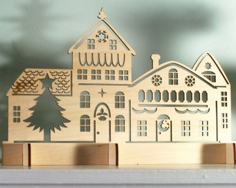 Laser Cut Rustic Wood Christmas Village Scene, Holiday Decoration