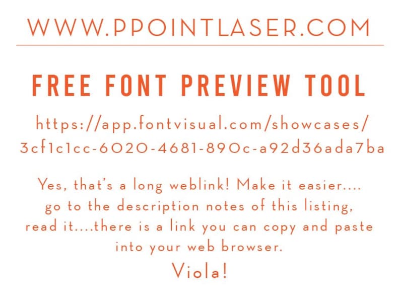 K&ouml;nnte beinhalten: Ein Textbild mit der Website-Adresse "www.ppointlaser.com" und dem Text "FREE FONT PREVIEW TOOL". Das Bild enth&auml;lt auch eine URL: "https://app.fontvisual.com/showcases/3cf1c1cc-6020-4681-890c-a92d36ada7ba". Der Text auf dem Bild ist orange.