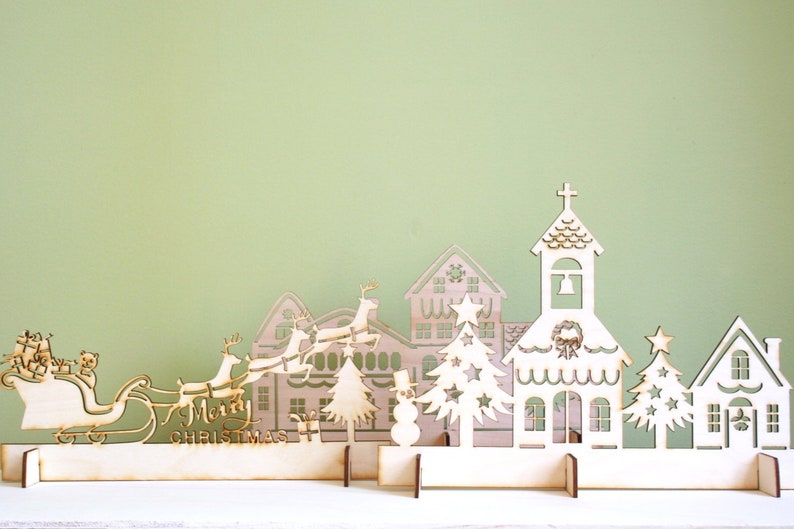 Wood Christmas Village Scene, Laser Cut Rustic, Christmas Decoration, Mantel Piece image 1