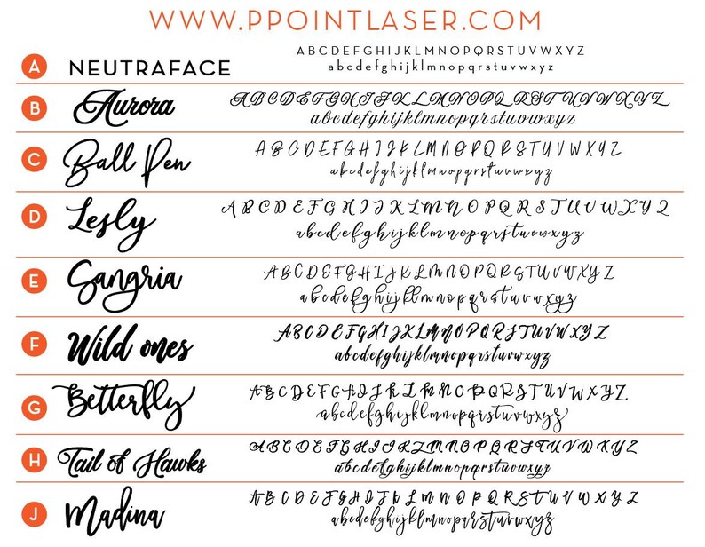 K&ouml;nnte beinhalten: Eine Grafik, die 10 verschiedene Schriftarten zeigt, wobei der Name jeder Schriftart auf der linken Seite des Bildes und das Alphabet in Gro&szlig;- und Kleinbuchstaben auf der rechten Seite des Bildes aufgef&uuml;hrt ist. Die Schriftarten sind: Neutraface, Aurora, Ball Pen, Lesly, Sangria, Wild ones, Betterfly, Tail of Hawks und Madina.