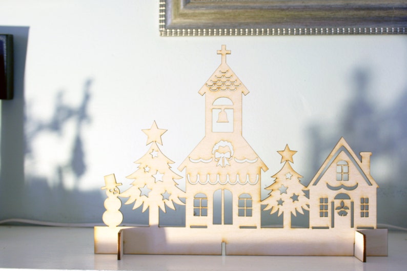 Wood Christmas Village Scene, Laser Cut Rustic, Christmas Decoration, Mantel Piece image 2