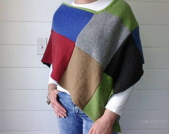 Upcycled Wool Sweater Patchwork Poncho - Free Shipping