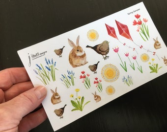 P001 Spring Sampler Planner Stickers - Bunnies, Robins, Kites, Flowers and Sunburst