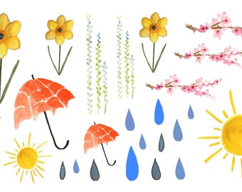 P002 Spring Sampler 2, Daffodil, Spring Blossoms, Umbrellas, Rain, Sunshine