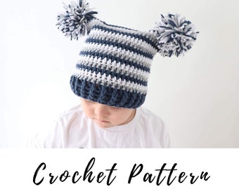 Crochet Double Pom Pom Hat Pattern, Striped Kids Hat (PDF Pattern)