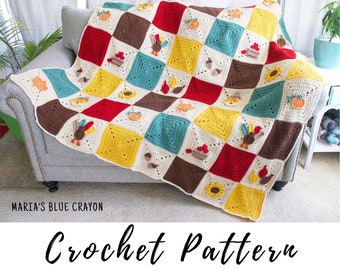 Crochet Fall Blanket Granny Square Pattern: Autumn Appliques (PDF Download)
