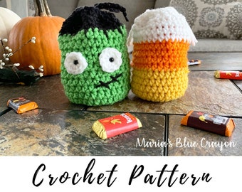 Crochet Halloween Treat Bags, Crochet Candy Corn Treat Bag for Kids, Trick or Treat Bag, Crochet Halloween Candy Bag, Frankenstein Treat Bag