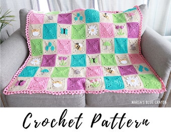 Crochet Spring Blanket Pattern, Crochet Baby Blanket, Spring Appliques, Granny Square Afghan, Crochet Blanket for Girl