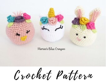 Crochet Easter Amigurumi PATTERN, Easter Bunny, Easter Chick, Floral Crown Unicorn, Spring Amigurumi