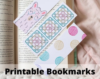 Crochet Bookmark Printables - 3 prints, Llama Bookmark, Yarn Bookmark, Granny Square Bookmark