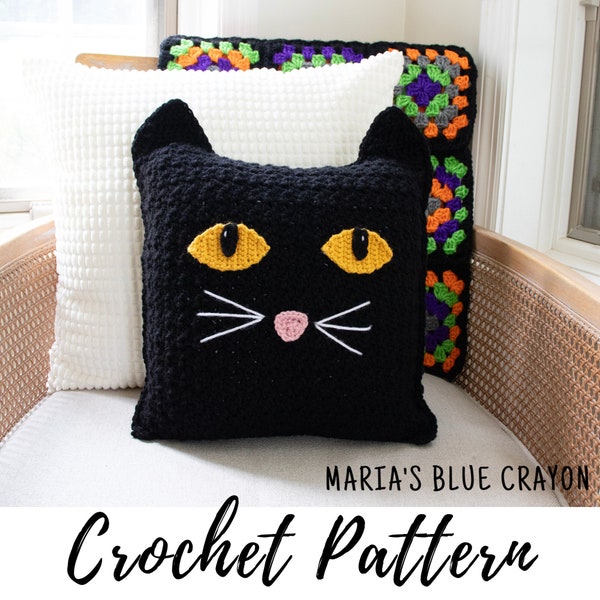 Crochet Black Cat Pillow Pattern, Crochet Halloween Pillow, Crochet Fall Pillow, PDF Download