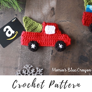 Padrão de suporte de cartão de presente de crochê, padrão de caminhão vermelho de crochê, presente de Natal de crochê, padrão de ornamento de caminhão vermelho de crochê, padrão grátis