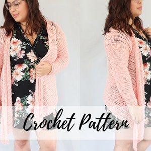 May include: A pink crochet cardigan with a long, flowing design. The cardigan is worn over a floral dress. The text "Crochet Pattern" is displayed at the bottom of the image.