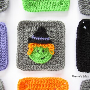 May include: A collection of crocheted squares with various Halloween themes, including a witch, a ghost, and a pumpkin. The squares are made in different colors, including purple, green, orange, black, and gray.