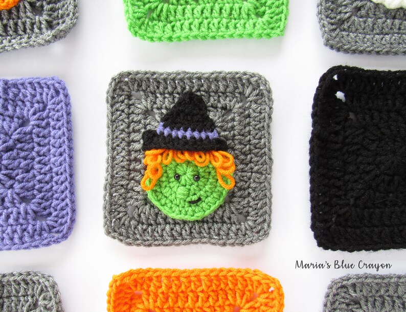 May include: A collection of crocheted squares with various Halloween themes, including a witch, a ghost, and a pumpkin. The squares are made in different colors, including purple, green, orange, black, and gray.