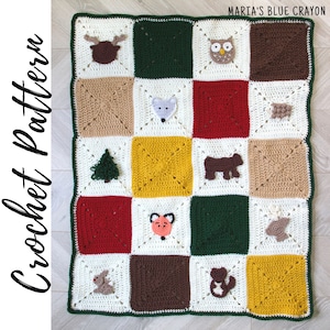 Crochet Woodland Themed Blanket Pattern, Throw Size and Baby Blanket/Nursery Size, Granny Square Woodland Blanket
