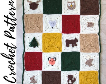 Crochet Woodland Themed Blanket Pattern, Throw Size and Baby Blanket/Nursery Size, Granny Square Woodland Blanket