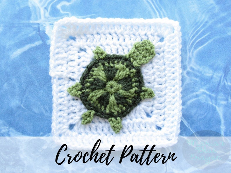 May include: Crochet pattern for a turtle square, featuring a green turtle applique on a white crocheted background. The text "Crochet Pattern" is visible below the square.