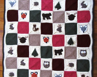 Crochet Woodland Themed Blanket Pattern, Throw Size and Baby Blanket/Nursery Size, Granny Square Woodland Blanket