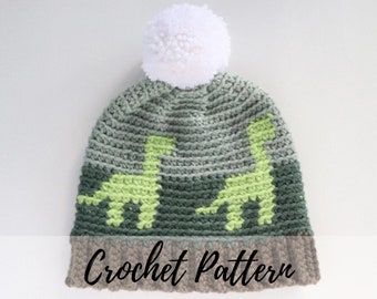 Op de afbeelding: Groene en grijze gehaakte muts met een witte pompon en een dinosaurusontwerp. De muts heeft een bruine rand en de tekst "Crochet Pattern" staat onder de muts.