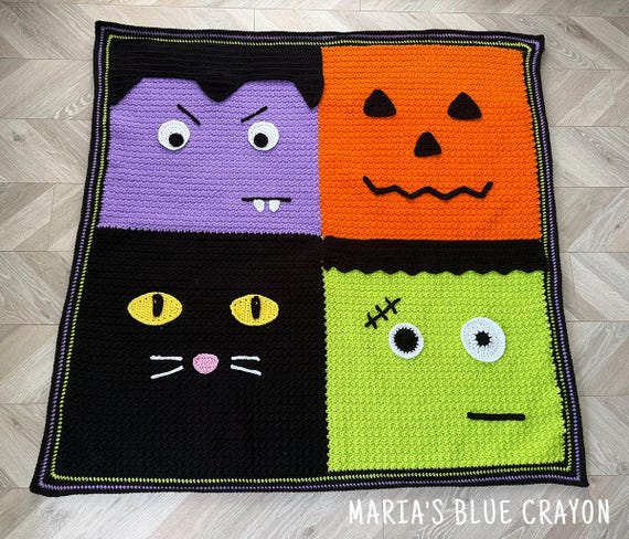 Halloween Blanket Crochet Pattern - Pumpkin, Vampire, Frankenstein, and Black Cat