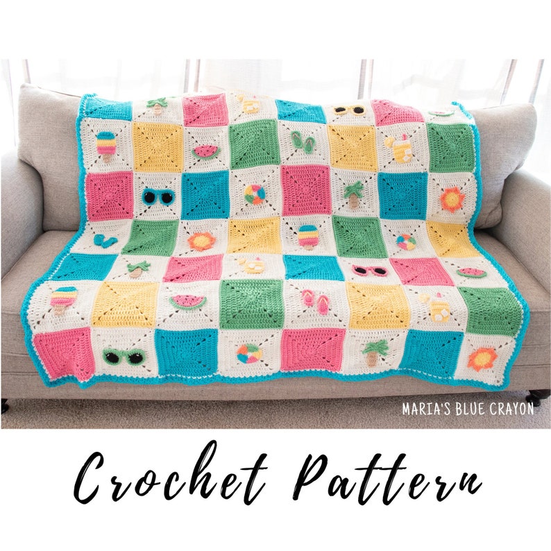 May include: A colourful crochet blanket with a summer theme. The blanket is made up of squares with different summer-themed motifs, including watermelon, sunglasses, ice cream, and palm trees. The blanket is on a grey sofa.