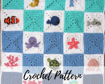 Crochet Ocean Blanket Pattern, Crochet Sea Creature Blanket, Sea Animal Appliques, Crochet Sea Animal Blanket, Ocean Granny Square Pattern