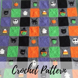 Crochet Halloween Blanket Pattern, Crochet Halloween Pattern, Halloween Applique Pattern, Crochet Granny Squares, Crochet Halloween Blanket