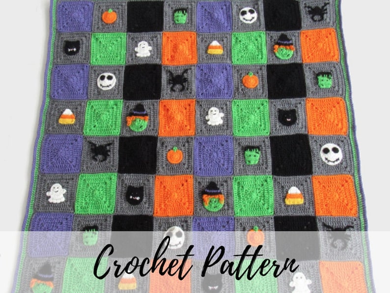 May include: A crochet pattern for a Halloween blanket featuring a checkerboard design with various Halloween characters, including ghosts, pumpkins, bats, witches, and candy corn. The blanket is made with a variety of colors, including black, orange, green, purple, and gray.